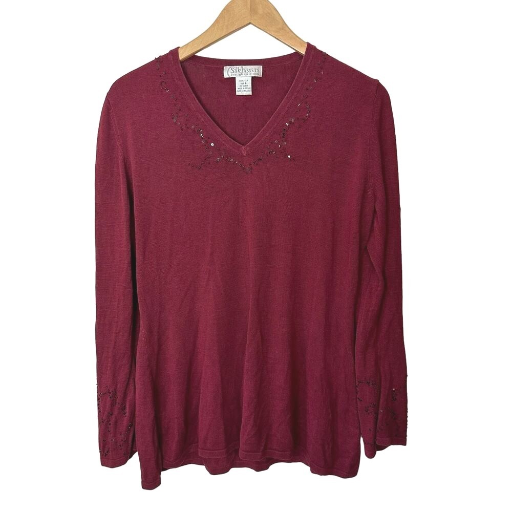 Diane‎ Von Furstenberg Knit Top 100% Silk Assets Red Large Beaded Sequins V Neck